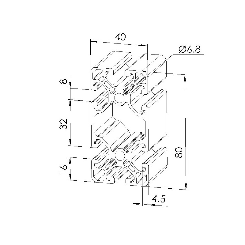 Schéma cotes - Profilé aluminium (Coupe max 6 m) – Rainure 8 mm – Section 40x40 mm - Economique - Elcom shop