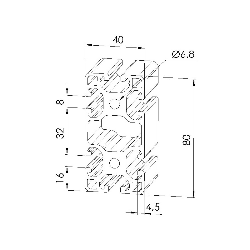 Schéma cotes - Profilé aluminium (Coupe max 6 m) – Rainure 8 mm – Section 80x40 mm - léger - Elcom shop