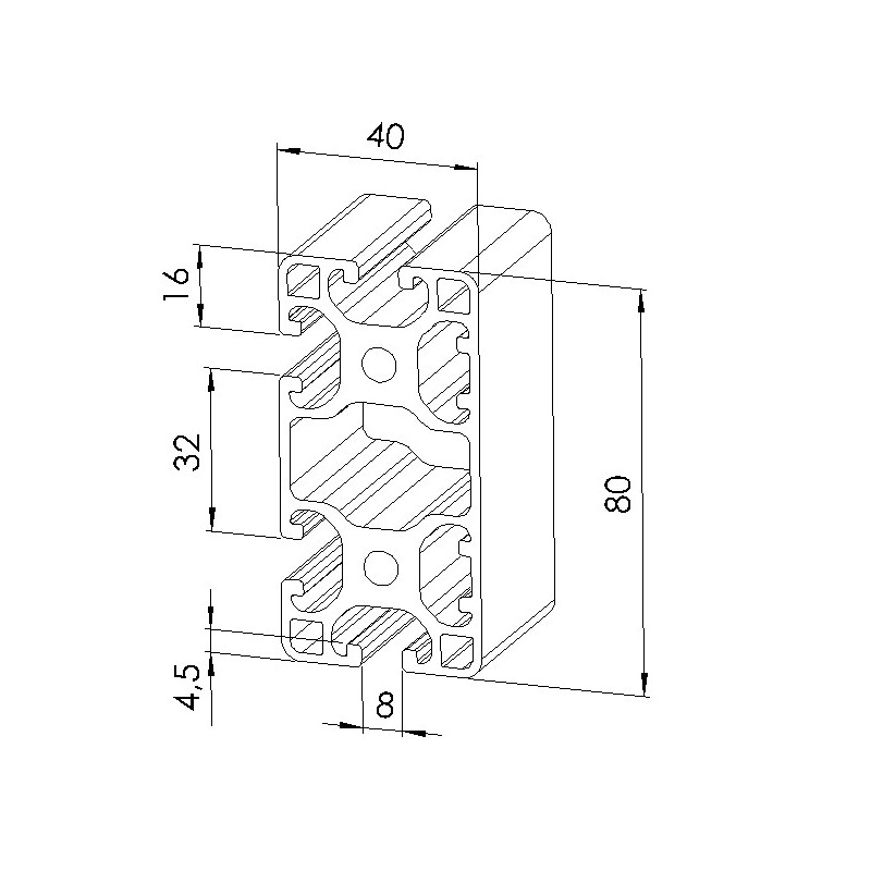 Schéma cotes - Profilé aluminium (Coupe max 6 m) – 8 mm – 80x40 mm – 2N - Léger - Elcom shop