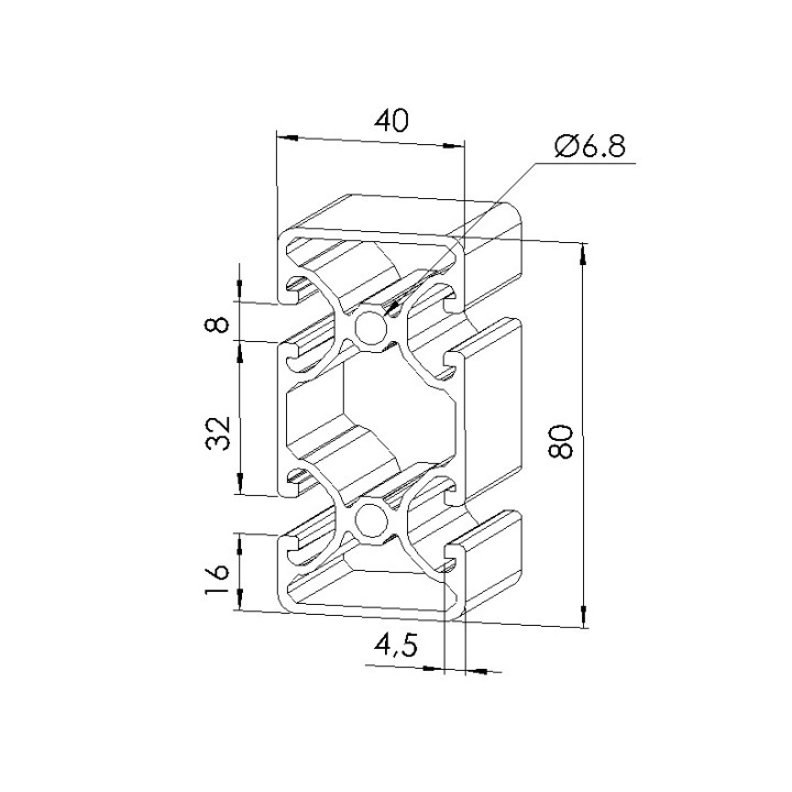 Schéma cotes - Profilé aluminium (Coupe max 6 m) – 8 mm – 80x40 mm – 2N180 - Economique - Elcom shop