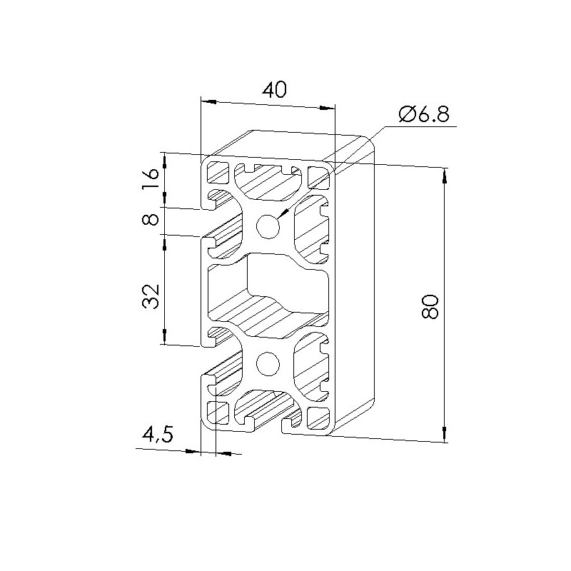 Schéma cotes - Profilé aluminium (coupe max 6 m) – Rainure 8 mm – Section 80x40 mm - 3N90 - léger - Elcom shop
