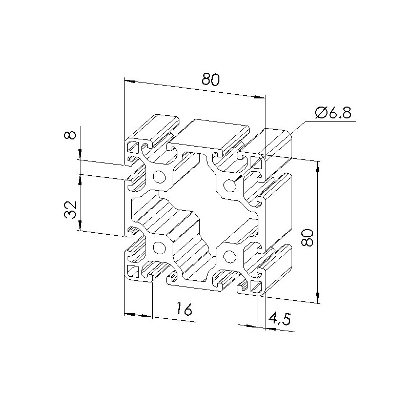 Schéma cotes - Profilé aluminium (Coupe max 6 m) – Rainure 8 mm – Section 80x80 mm - léger - Elcom shop