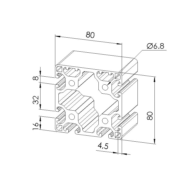 Schéma cotes - Profilé aluminium (Coupe max 6 m) – Rainure 8 mm – 80x80 mm – 2N - Léger - Elcom shop