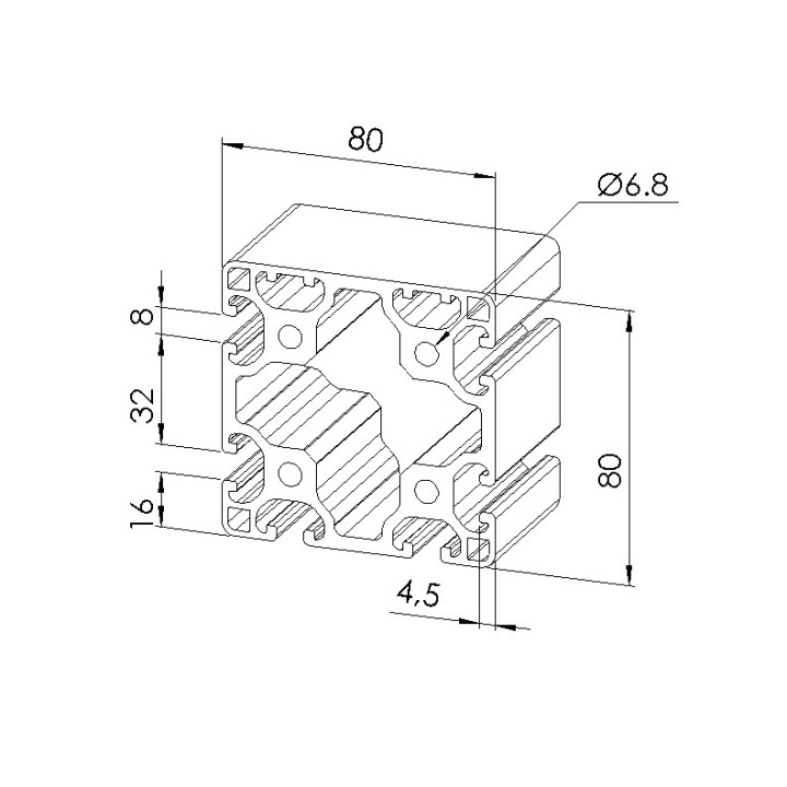 Schéma cotes - Profilé aluminium (Coupe max 6 m) – Rainure 8 mm – 80x80 mm – 2N - Léger - Elcom shop