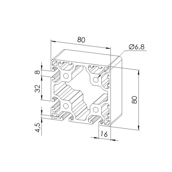 Schéma cotes - Profilé aluminium (Coupe max 6 m) – Rainure 8 mm – 80x80 mm – 4N90 - Léger - Elcom shop