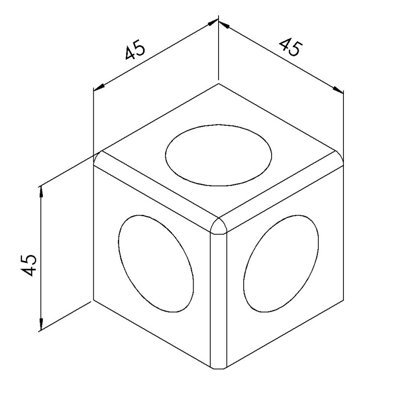 Raccord d’angle cube profilé aluminium – 10 mm – 45 mm – 3D