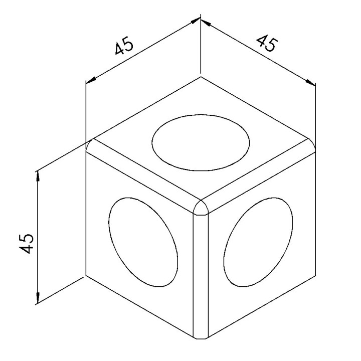 Raccord d’angle cube profilé aluminium – 10 mm – 45 mm – 3D