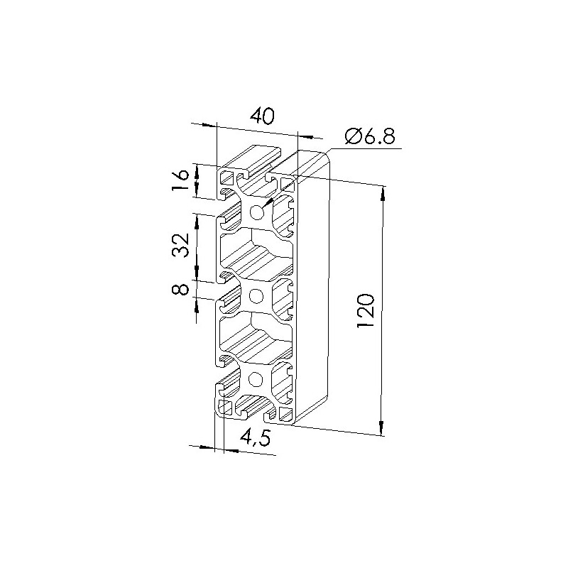 Schéma cotes - Profilé aluminium (Coupe max 6 m) – Rainure 8 mm – 120x40 mm – 3N - Léger - Elcom shop