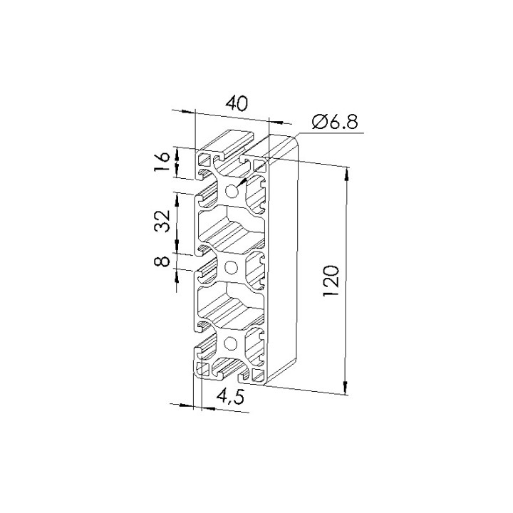 Schéma cotes - Profilé aluminium (Coupe max 6 m) – Rainure 8 mm – 120x40 mm – 3N - Léger - Elcom shop