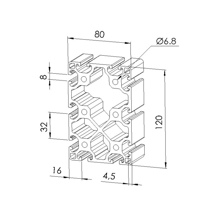 Schéma cotes - Profilé aluminium (Coupe max 6 m) – Rainure 8 mm – Section 120x80 mm-Léger - Elcom shop