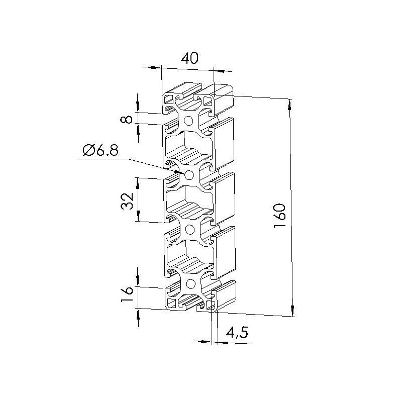 Schéma cotes - Profilé aluminium (Coupe max 6 m) – 8 mm – Section 160x40 mm - Léger - Elcom shop