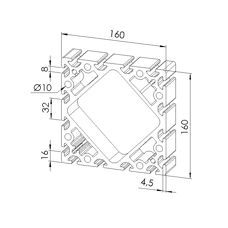 Schéma cotes - Profilé aluminium (Coupe max 6 m) – Rainure 8 mm – Section 160x160 mm - Elcom shop