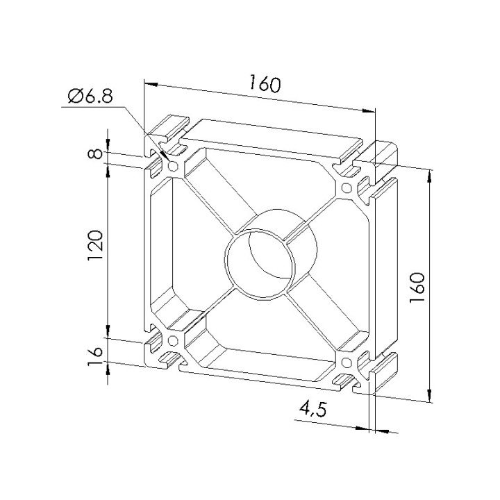 Schéma cotes - Profilé aluminium (Coupe max 6 m) – Rainure 8 mm – 160x160 mm  - 8EN - Elcom shop