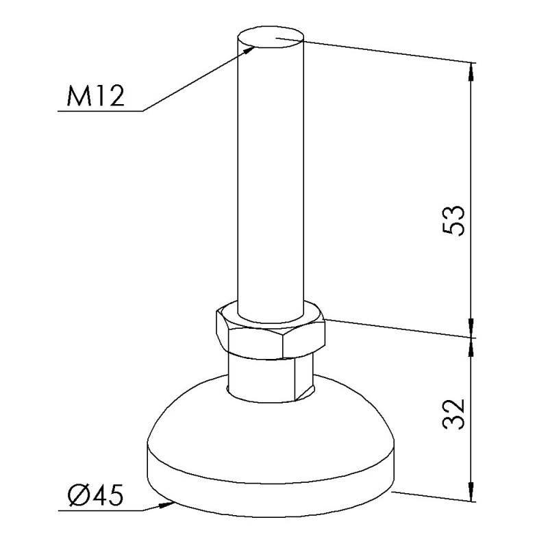 Pied profilé aluminium – D45 – M12x85