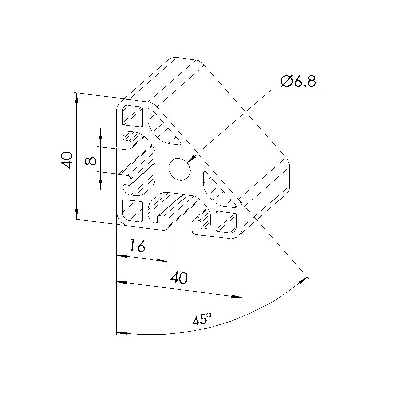 Schéma cotes - Profilé aluminium (Coupe max 6 m) – Rainure 8 mm – 40x40-45° – Léger - Elcom shop