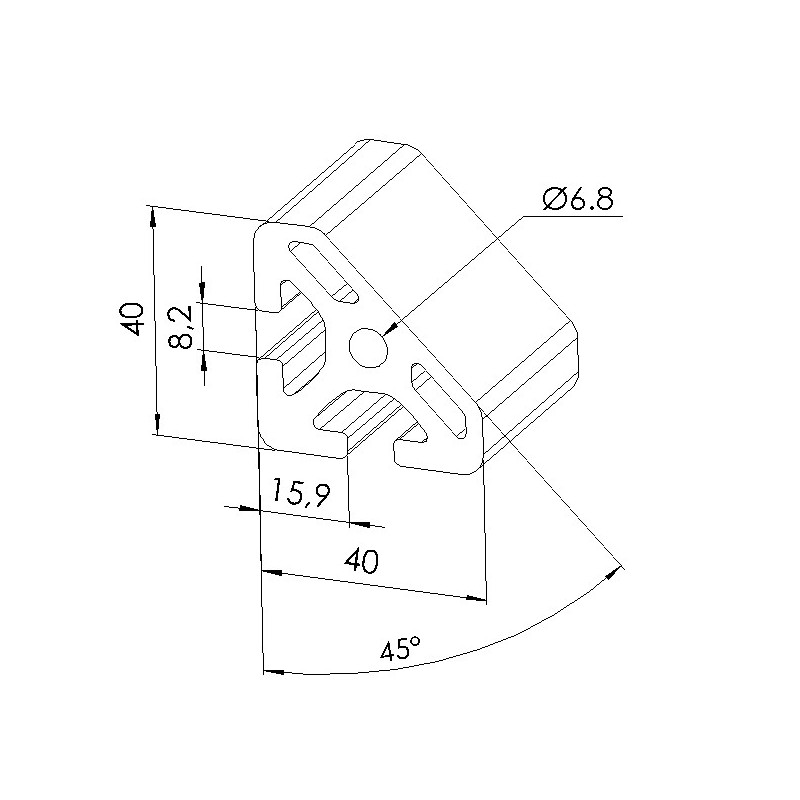 Schéma cotes - Profilé aluminium (Coupe max 6 m) – Rainure 8 mm – 40x40 mm - 45° – Lourd - Elcom shop