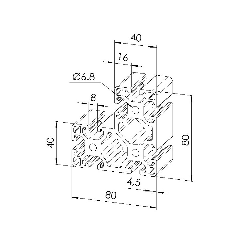 Schéma cotes - Profilé aluminium 8 cornière (Coupe Max 6 m) – rainure 8 mm - section 80X80X40 léger - Elcom shop