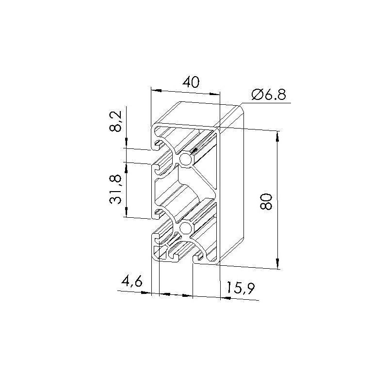 Schéma cotes - Profilé aluminium (Coupe max 6 m) – Rainure 8 mm – 80x40 mm – 3N90 - Economique - Elcom shop