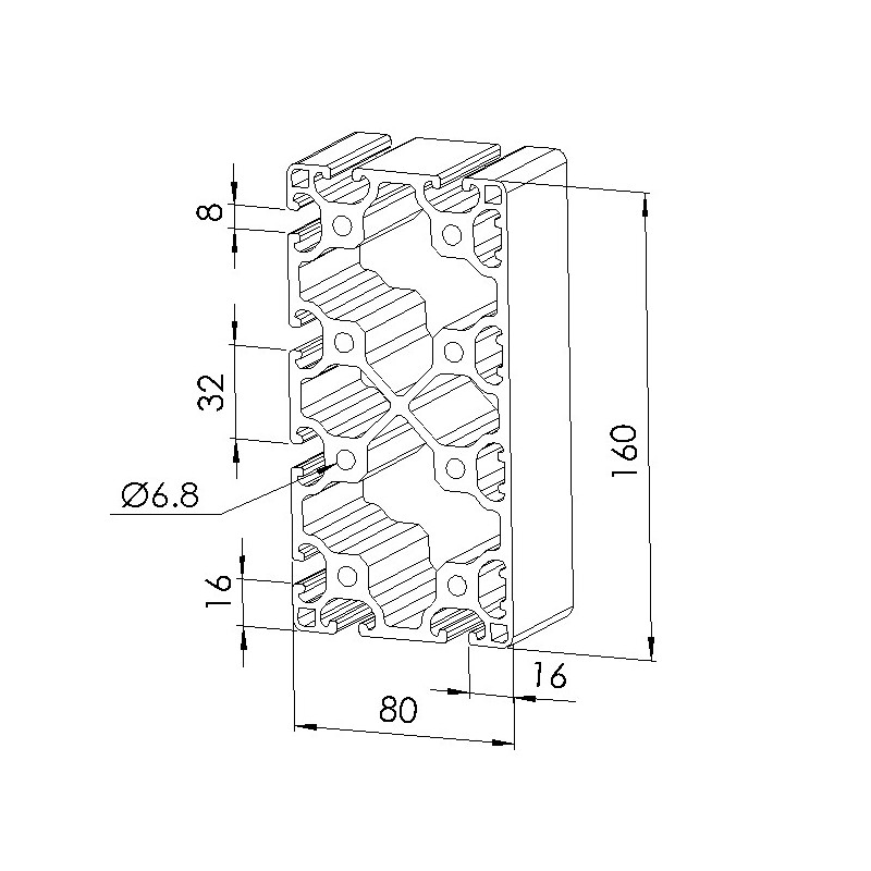 Schéma cotes - Profilé aluminium (Coupe max 6 m) – Rainure 8 mm – section 160x80 mm – 4N – léger - Elcom shop