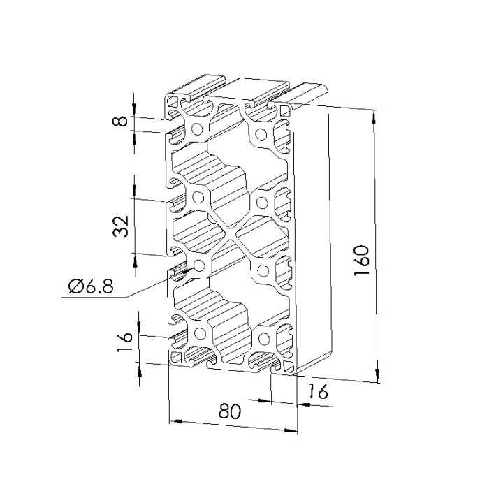 Schéma cotes - Profilé aluminium (Coupe max 6 m) – Rainure 8 mm – section 160x80 mm – 4N – léger - Elcom shop
