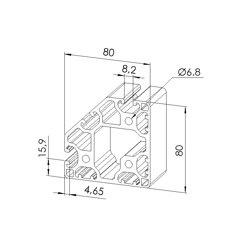 Schéma cotes - Profilé aluminium (Coupe max 6 m) – 8 mm – 80x80 mm - 45° – 4N90 - Léger - Elcom shop