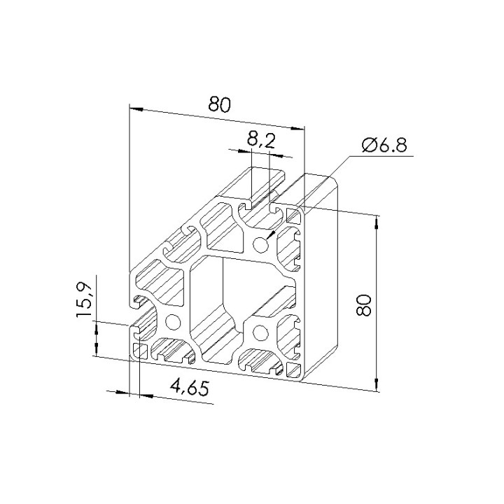 Schéma cotes - Profilé aluminium (Coupe max 6 m) – 8 mm – 80x80 mm - 45° – 4N90 - Léger - Elcom shop