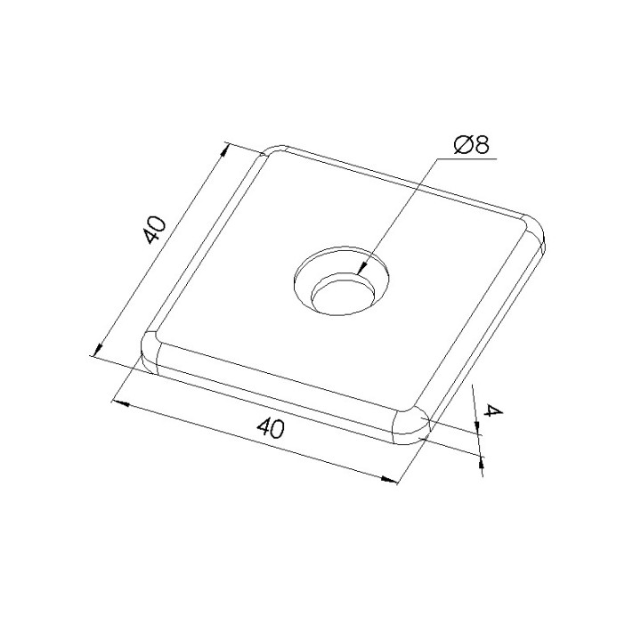 Schéma cotes - Embout profilé aluminium - Rainure 8 mm – Section 40x40 mm – Zn - Elcom shop