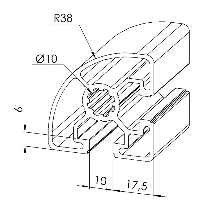 Profilé aluminium (Barre de 6 m) - Rainure 10 mm – Section R45-90° - Léger