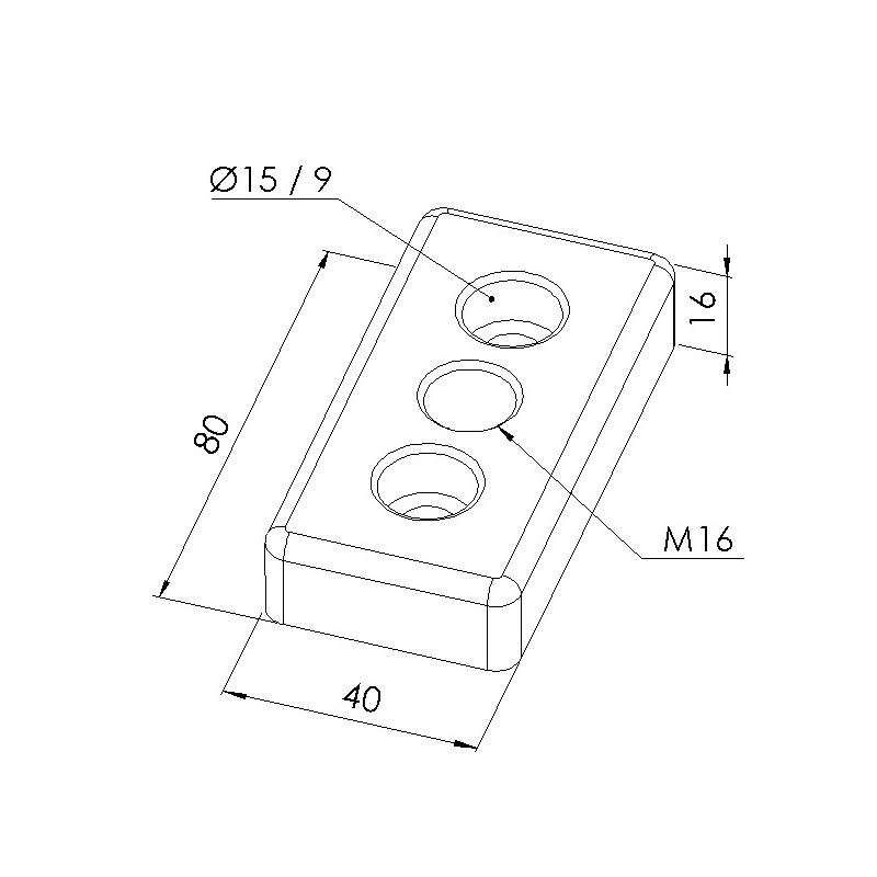 Schéma cotes - Plaque de base profilé aluminium – Section 80x40 mm – M16 - Elcom shop