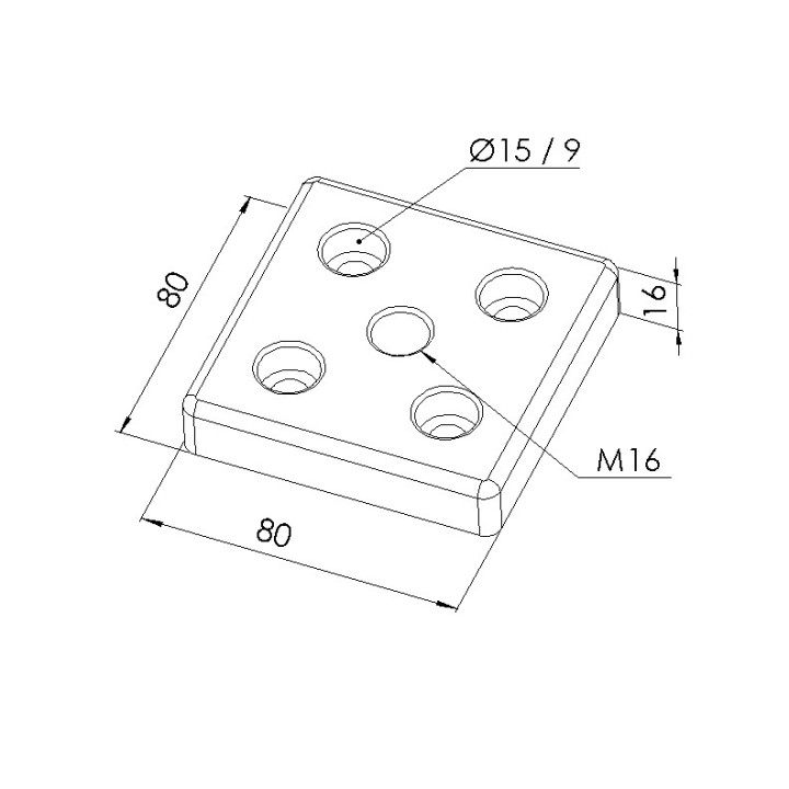 Schéma cotes - Plaque de base profilé aluminium - Rainure 8 mm – Section 80x80 mm – M16 - Elcom shop
