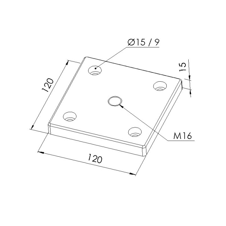 Schéma cotes - Plaque de base profilé aluminium – Section 120x120 mm – M16 - Elcom shop