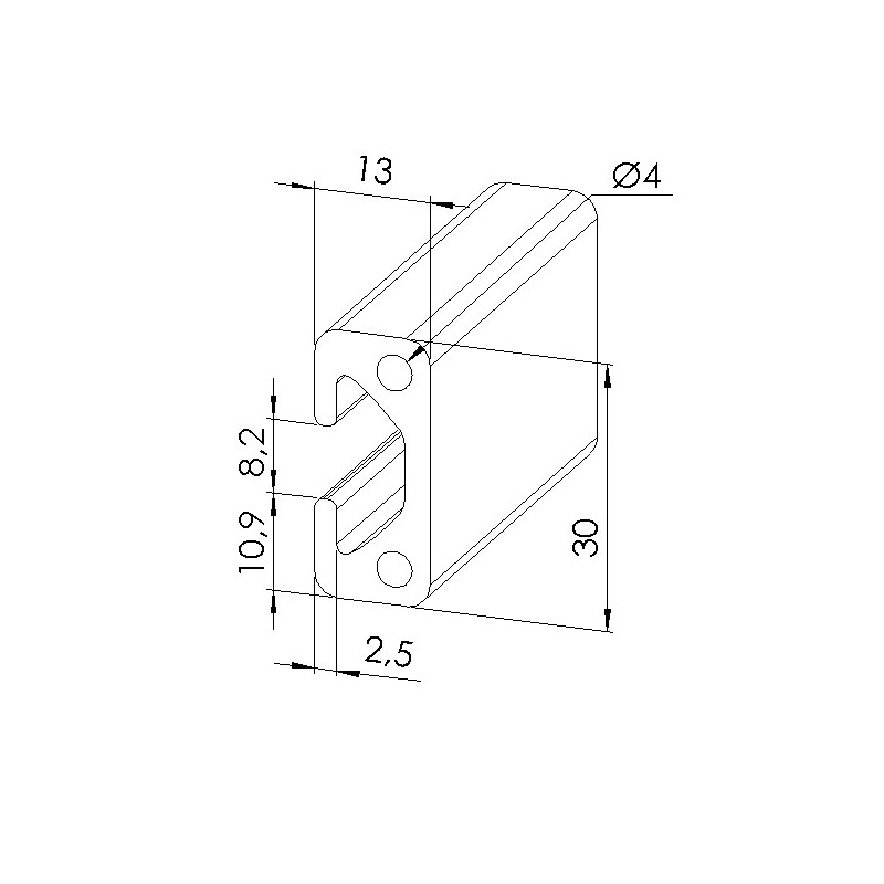 Schéma cotes - Profilé aluminium (Coupe max 3 m) – Rainure 8 mm – Section 30x13 mm - Elcom shop