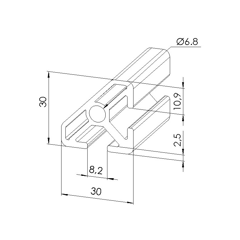 Schéma cotes - Profilé aluminium (Coupe max 6 m) – Rainure 8 mm – Section 30x30 mm - 45° - Elcom shop