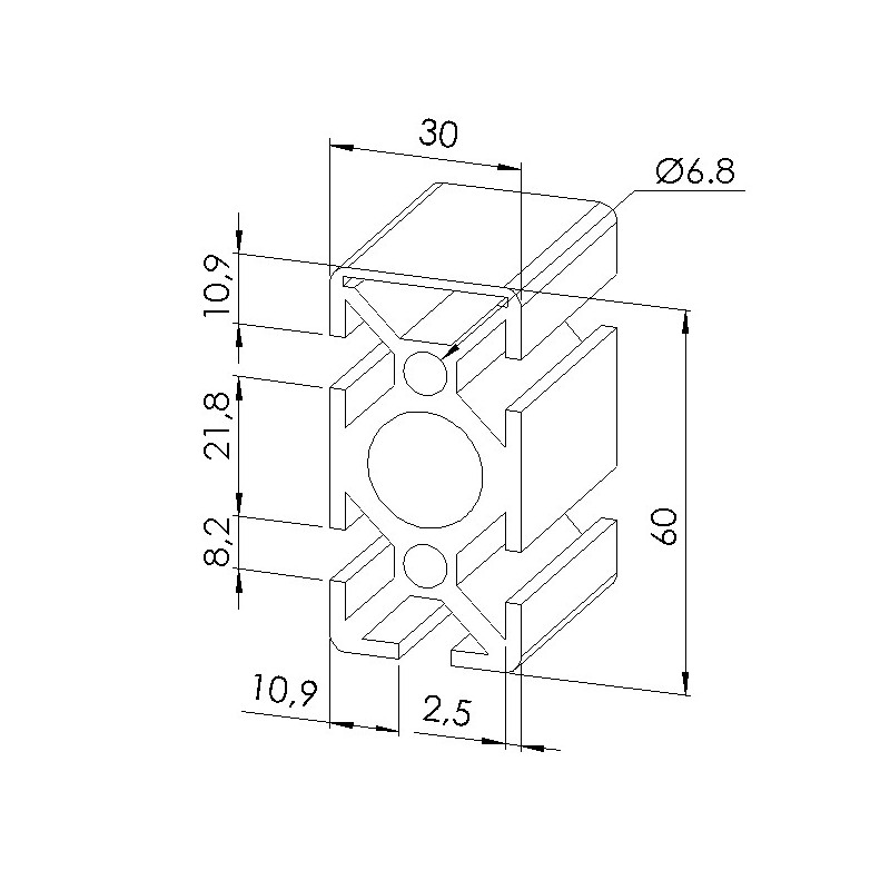 Schéma cotes - Profilé aluminium (Coupe max 6 m) – Rainure 8 mm – Section 60x30 – 1N - Elcom shop