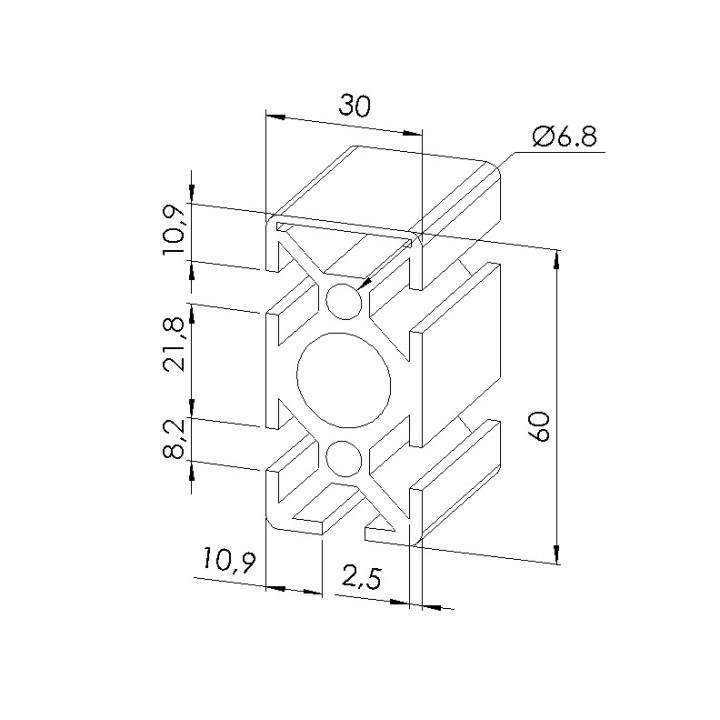 Schéma cotes - Profilé aluminium (Coupe max 6 m) – Rainure 8 mm – Section 60x30 – 1N - Elcom shop
