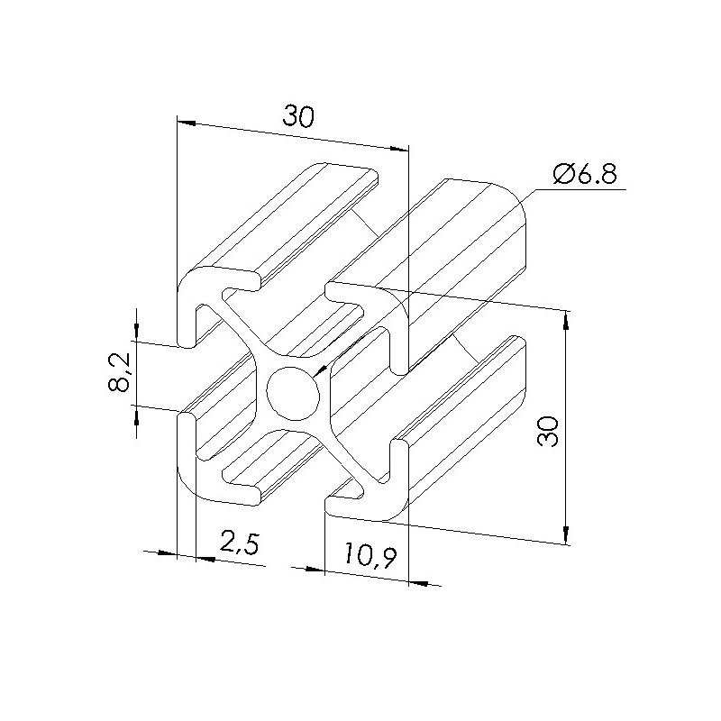 Profilé aluminium 30x30 mm – Rainure 8 mm – elcom shop