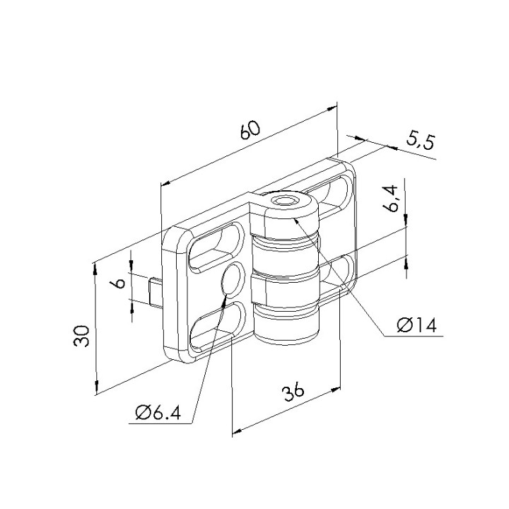 Schéma cotes - Charnière profilé aluminium – 6 30 – Zn - A oblongs - Elcom shop