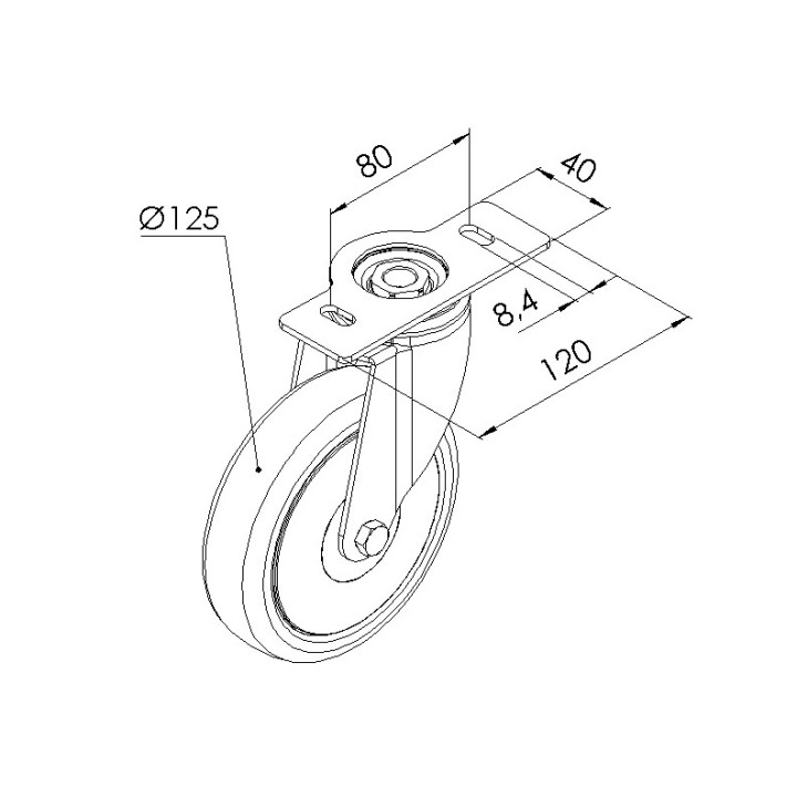Schéma cotes - Roulette pivotante profilé aluminium – D125 – 120x40 mm - Elcom shop