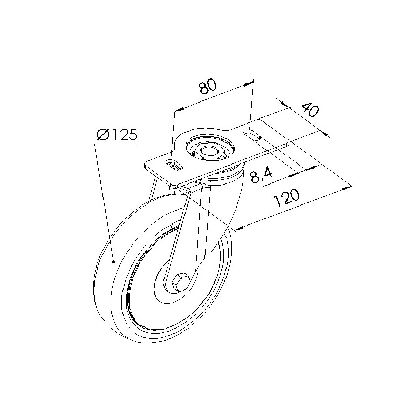 Schéma cotes - Roulette pivotante profilé aluminium – D125 – 120x40 - Antistatique - Elcom shop