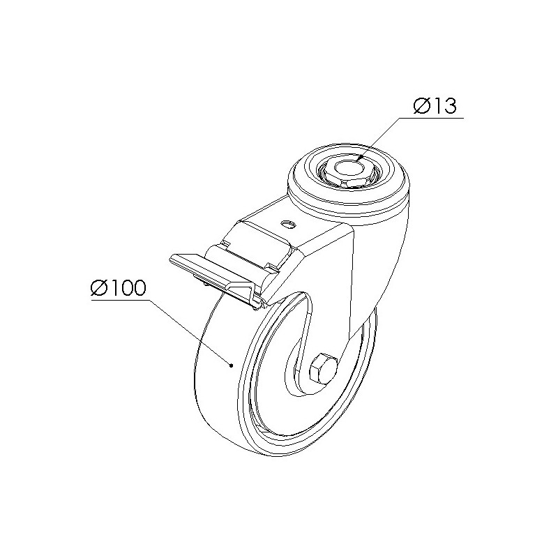 Schéma cotes - Roulette pivotante à blocage profilé aluminium – D100 – 110kg - Elcom shop