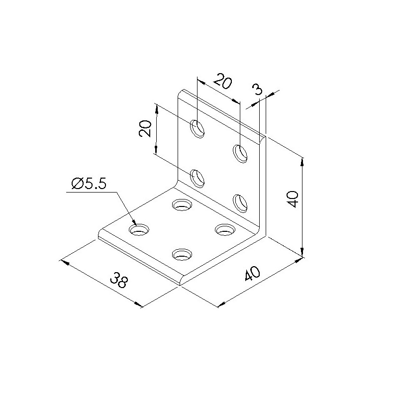 Schéma cotes - Equerre d’assemblage profilé aluminium V8 – Section 40x40 mm - Elcom shop
