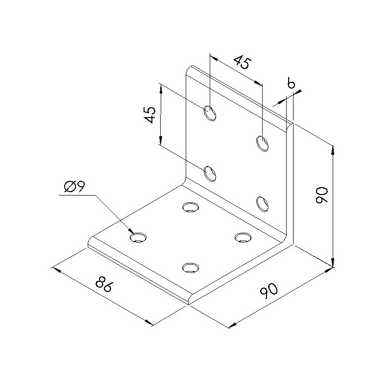 Schéma cotes - Equerre d’assemblage profilé aluminium V8 – Section 90x90 mm - Elcom shop