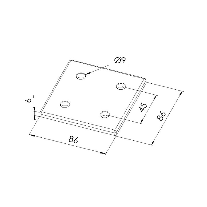 Schéma cotes - Plaque d’assemblage profilé aluminium – Section 90x90 mm – V4C - Elcom shop
